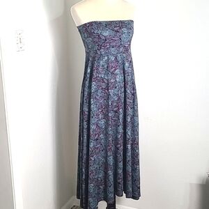 LulaRoe Strapless High-Low Midi-Dress, Stone Blue w/Rose Pink/Black Floral Sz XS
